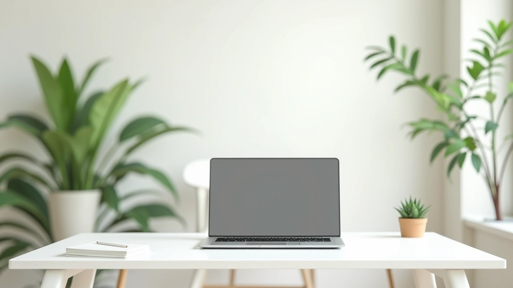 Schone, minimale werkplek met laptop en groen plantje voor mentale rust