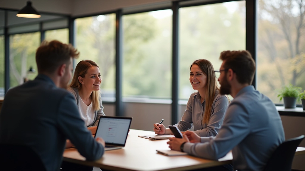 Groep collega's in casual gesprek rond kantoor tafel met laptops