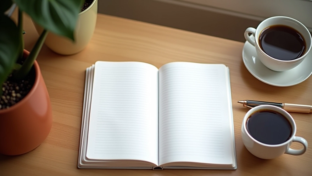 Notitieblok met handgeschreven aantekeningen op houten bureau naast kopje koffie