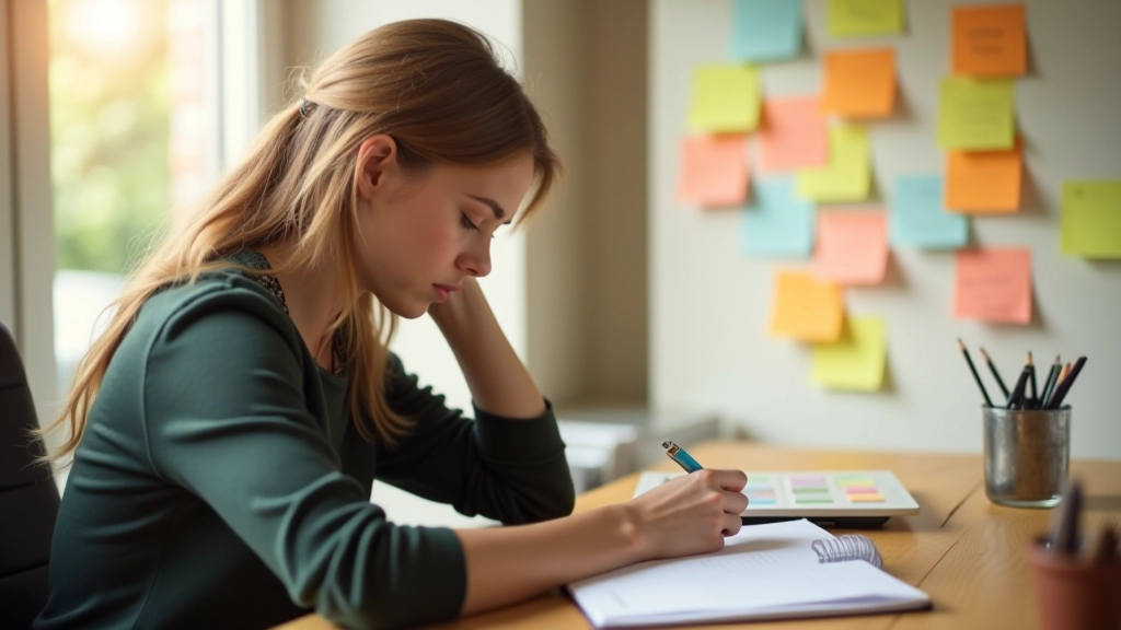 Persoon werkt aan bureau met geopende planner en gekleurde notitieblokken