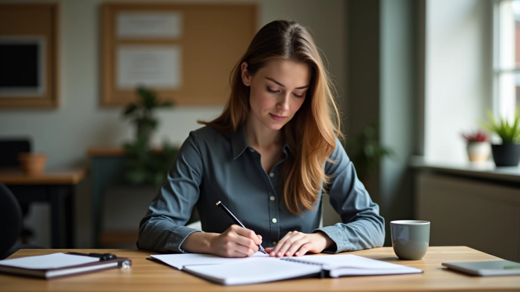 Persoon werkt gefocust aan houten bureau met notitieboekje en kopje koffie in rustige omgeving